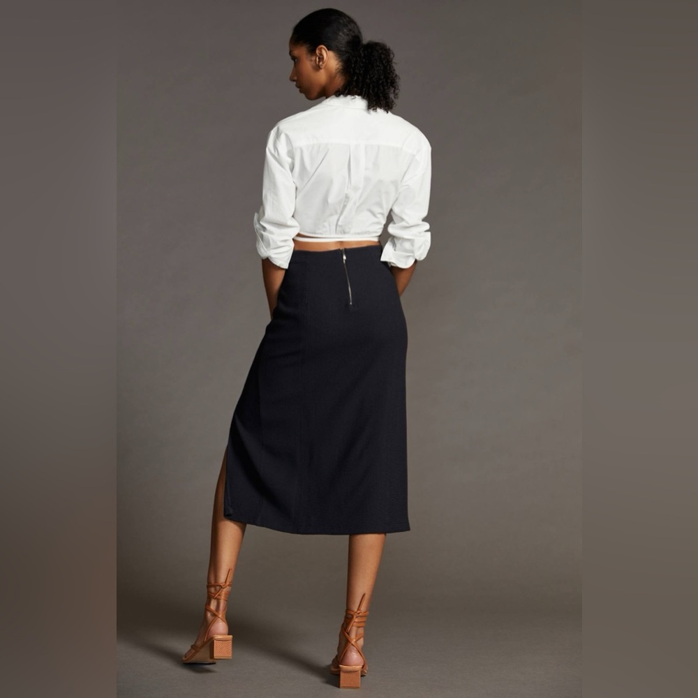 Maeve by Anthropologie Dual Spilt Midi‎ Skirt Navy Work Office Boardroom - Picture 3 of 14